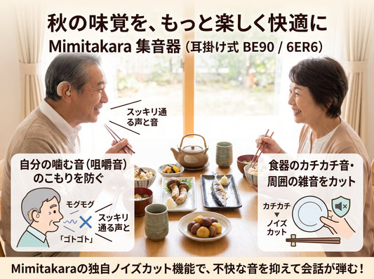 秋の味覚を囲み、笑顔で食事と会話を楽しむシニアご夫婦。食事中の自分が噛む音（咀嚼音）のこもりや食器のカチカチ音を防ぐ耳掛け式（BE90・6ER6）と、Mimitakara集音器のノイズカット機能を解説するイメージ。