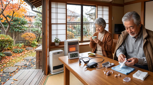 秋の冷え込みから充電式集音器のバッテリーを守るためポケットで保温するシニア。低温によるバッテリー減少を防ぐ温かい部屋での充電方法と、結露対策、Mimitakara充電式集音器の活用法を解説するイメージ。