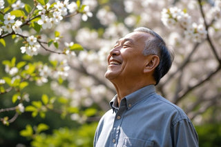 マスクやメガネと干渉しにくい耳あな型の集音器を花粉の季節に使う様子をイメージした写真