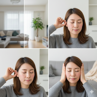 耳を優しく引っ張ったり回したりする1分間の耳ヨガをする様子をイメージした写真