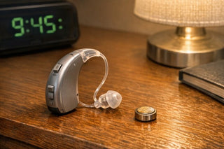 夜のベッドサイドの木製テーブルの上に置かれた耳掛け型集音器とボタン電池。エアコンのドライ（除湿）による耳の乾燥・かゆみ対策や、冷たいおしぼり使用時の水濡れを防ぐために、室内で機器を一度外して正しく保管・ケアするイメージ。