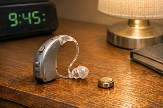 夜のベッドサイドの木製テーブルの上に置かれた耳掛け型集音器とボタン電池。エアコンのドライ（除湿）による耳の乾燥・かゆみ対策や、冷たいおしぼり使用時の水濡れを防ぐために、室内で機器を一度外して正しく保管・ケアするイメージ。