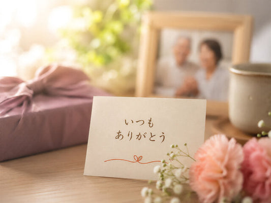 敬老の日に、家族からギフトカードを受け取って笑顔を見せる高齢の親。