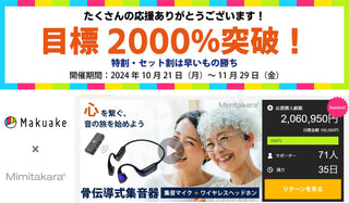 耳に掛けるだけで使える骨伝導式集音器を手にする様子、クラウドファンディング達成を喜ぶイメージ写真