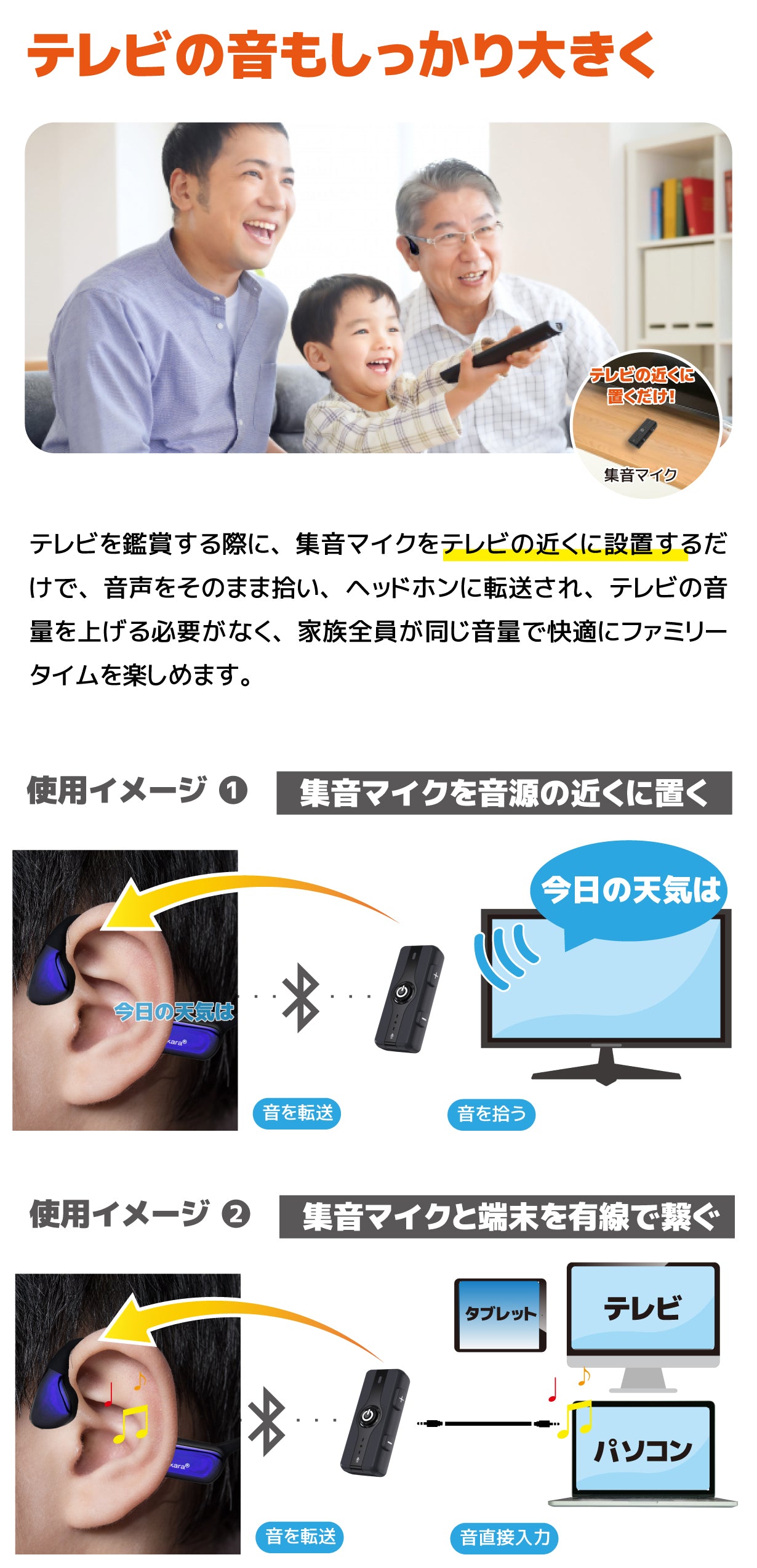 骨伝導集音器 UP-6K11 両耳｜充電式・集音マイク付 - ミミタカラ