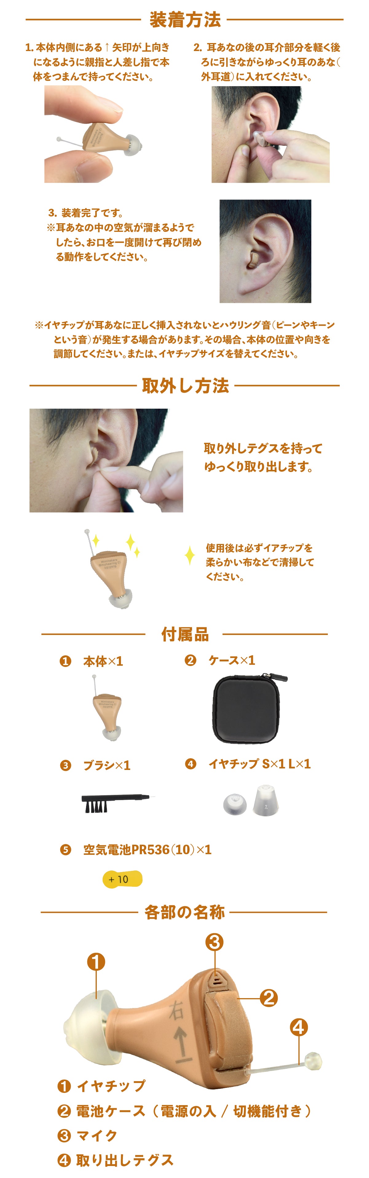 Mimitakara（ミミタカラ）集音器 ーUP-6S42.43 ｜電池式デジタルクランド耳穴型集音器CIC［右耳用・左耳用］【適応聴力：軽度・中等度】