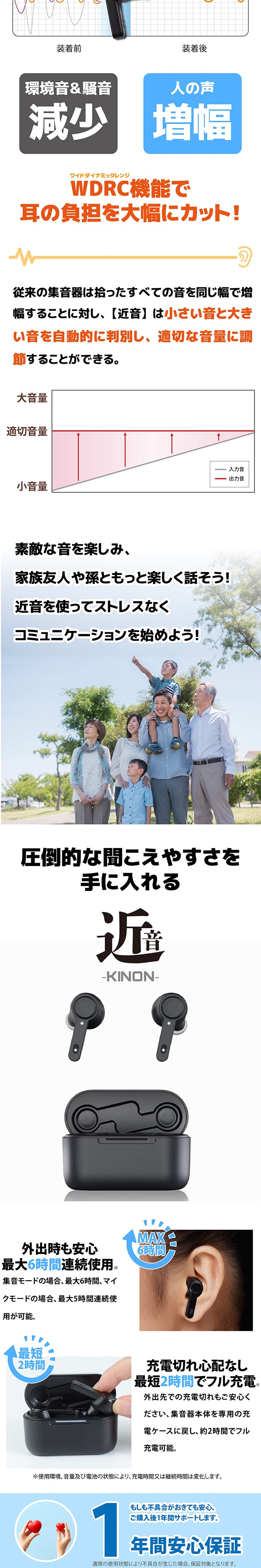 Mimitakara（ミミタカラ） 集音器 ー UP-6EN 近音 ｜充電式 ワイヤレス イヤホン型 集音器 ［両耳セット］ 【適応聴力：軽度・中等度】