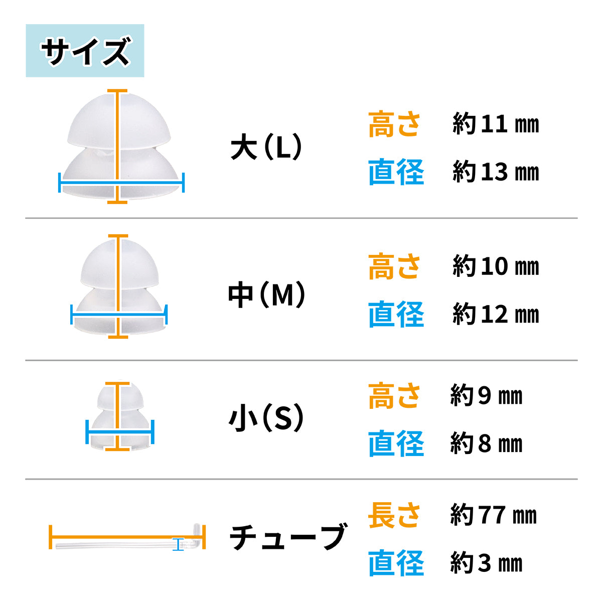 ミミタカラ 交換用 イヤーチップ ｜ UP-6ER6専用 チューブ付き セット［サイズ：S・M・L］【イヤーチップは3～6か月を目安に交換してください】