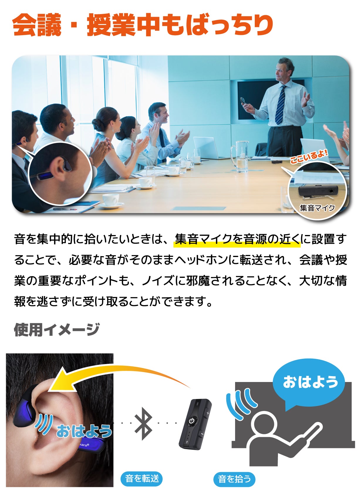Mimitakara（ミミタカラ） 集音器｜充電式 ワイヤレス 骨伝導集音器 集音マイク 付き［両耳用］ 【 適応聴力：軽度・中等度 】