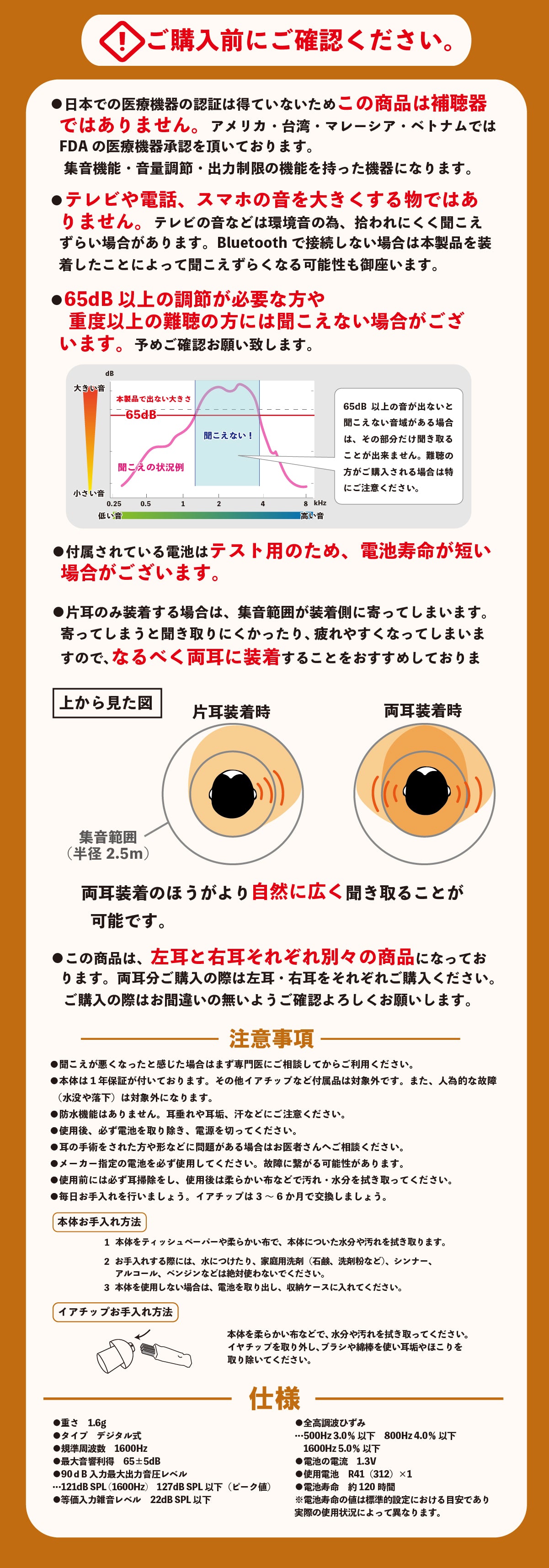 Mimitakara（ミミタカラ）集音器 ー UP-6S44.45 ｜電池式デジタルクランド耳穴型集音器ITC［右耳用・左耳用］【適応聴力：軽度・中等度】